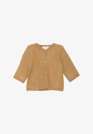 Gilet en laine beige avec un col rond, des manches longues et une fermeture à cinq boutons, présentant une texture lisse et des accents côtelés sur les bords.