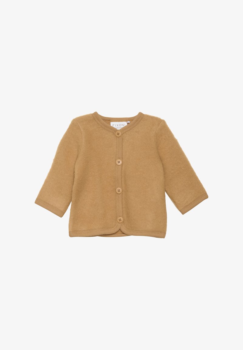 Beige Wollcardigan mit rundem Hals, langen Ärmeln und fünf Knöpfen, der eine glatte Textur und gerippte Akzente an den Rändern aufweist.