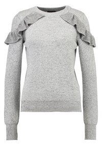 Graumelierter Strickpullover mit Rüschendetails an den Schultern, langen Ärmeln und einem Rundhalsausschnitt. Durchgängige feste Textur.