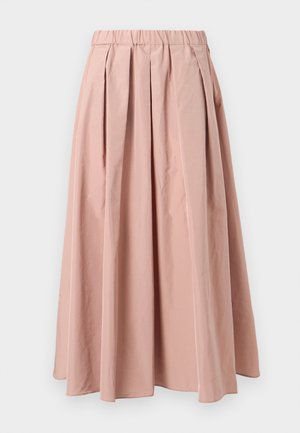 Světle růžská plisovaná sukně s elastickým pasem, vyznačující se měkkou texturou látky a splývavým designem sahajícím do poloviny lýtka.