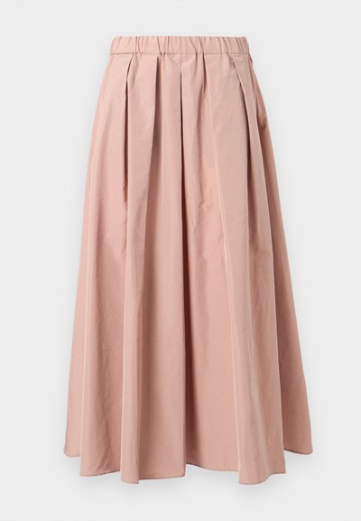 Φούστα με ροζ βελούδινο πλαίσιο και βολάν, με ελαστική μέση, που παρουσιάζει απαλή υφή υφάσματος και ρέουσα σχεδίαση που εκτείνεται μέχρι το μέσο της γάμπας.