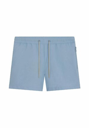 Short de bain bleu clair en tissu à séchage rapide, avec une taille élastique, un cordon beige et une poche zippée sur le côté.