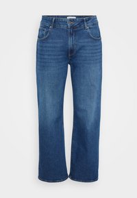 Wide-leg jeans in dark blue denim. Features five pockets, belt loops, and faint fading along the legs. Smooth texture with a standard fit.