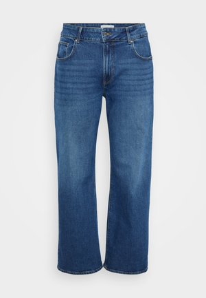 Wide-leg jeans in dark blue denim. Features five pockets, belt loops, and faint fading along the legs. Smooth texture with a standard fit.