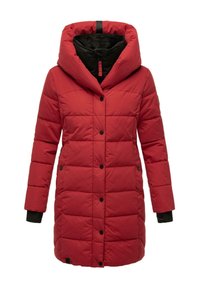 Red padded coat with a large hood, black inner lining, front button closure, and black sleeve cuffs. Features a quilted design.