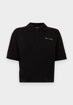 Zwart poloshirt met korte mouwen, kraag, vierknopsbies en een klein 'Armani Exchange'-logo in cursief op de linkerborst.