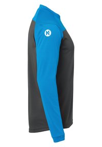 Langarmhemd mit blauem Oberteil und grauem Unterteil, aus glattem Stoff, mit einem Logo auf der Schulter und taillierter Passform.