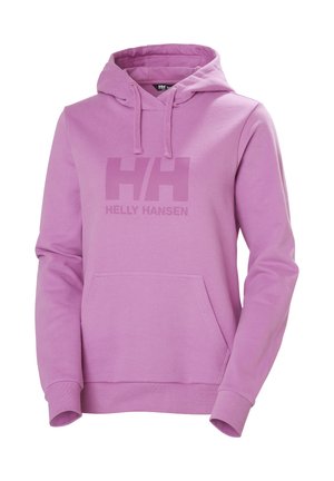 Lila Baumwollkapuzenpullover mit einer vorderen Kängurutasche, einer verstellbaren Kapuze und einem großen, geprägten "HH"-Logo auf der Brust.