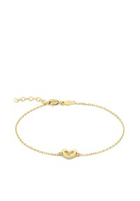 Goldene Kettenarmband mit einem herzförmigen Mittelpunkt mit einem Ausschnitt-Design und einem Glitzerdetail, gesichert mit einem Karabinerverschluss.