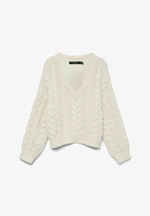 Kreemvärvi soonikudu servadega V-kaelusega ja pikkade varrukatega kampsun. Kujundus sisaldab tekstuurilisi mustreid ning lühendatud allserva. Pehme villane materjal.