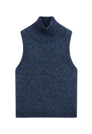 Maglione senza maniche a collo alto lavorato a maglia di colore blu scuro con una finitura testurizzata. Presenta un colletto alto e orlo a coste per una maggiore struttura.