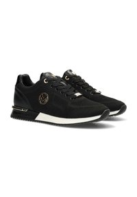 Schwarze Sport Sneakers mit einem Strick-Obermaterial, Lederakzenten, weißer Zwischensohle und markantem goldenen Logodetail an der Seite. Strukturiertes Muster.