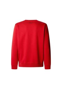 Sudadera roja con cuello redondo, mangas largas y puños acanalados. Textura suave, diseño liso, con un pequeño logo impreso en la parte posterior.