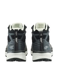 Schuhe mit einem schwarzen und grauen synthetischen Obermaterial, gepolstertem Schaft und strukturiertem Außensohle. Verfügt über eine ausgeprägte Ferse und eine Zuglasche für ein einfaches Anziehen.