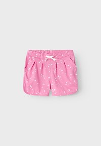 Rosa Baumwollshorts mit weißem Blumendruck, elastischem Bund mit Kordelzug, gefälteter Front und Seitentaschen. Weicher Stoff und lässiges Design.