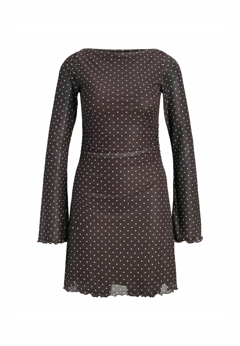 Vestido mini ajustado de manga larga negro con lunares blancos y bajos ligeramente rizados en las mangas y la falda.