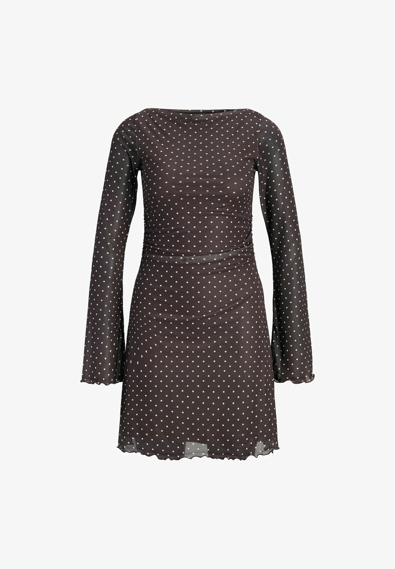 Vestido mini ajustado de manga larga negro con lunares blancos y bajos ligeramente rizados en las mangas y la falda.