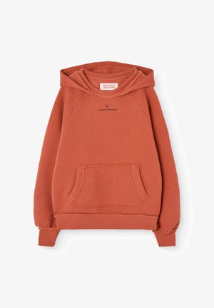 Hoodie couleur rouille en polaire douce. Présente une poche avant, un capuchon avec cordon de serrage et des poignets côtelés. Petit logo sur la poitrine.