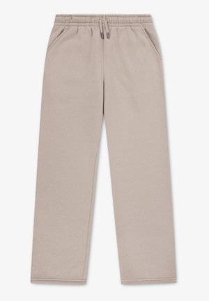 Beige casual joggingbroek met elastische tailleband en trekkoord, zijzakken en rechte pijpen op een witte achtergrond.