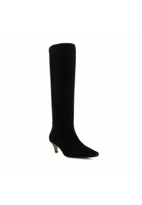 Bottes noires montantes en suède doux, avec un bout pointu et un petit talon. Texture lisse sans motifs ni éléments métalliques visibles.