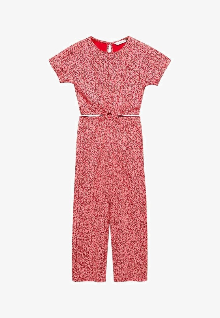 Combinaison fleurie rouge à manches courtes, avec un col rond et une taille nouée. Fabriquée dans un tissu léger avec de petits motifs de fleurs blanches.
