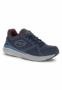 Men's sneakers in navy and burgundy mesh and synthetic upper with a grey rubber sole. Features a lace-up design and contrasting logo accent.