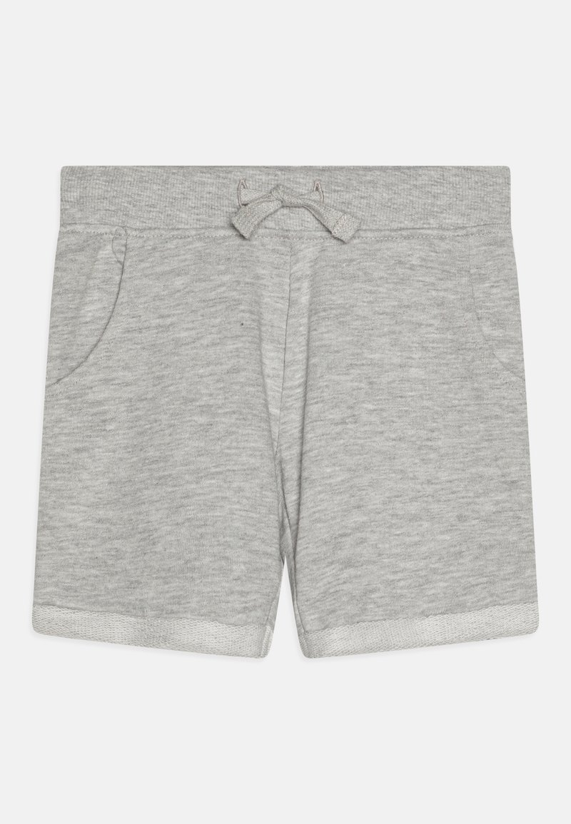 Gray cotton shorts with a soft texture, elastic waistband, adjustable drawstring, and side pockets. Hemmed cuffs finish the legs.