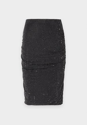 Svart blyantskjørt med samlet tekstur, med hvite prikkemønster. Glatt stoff med en tettsittende silhuett og mid-lengde design.