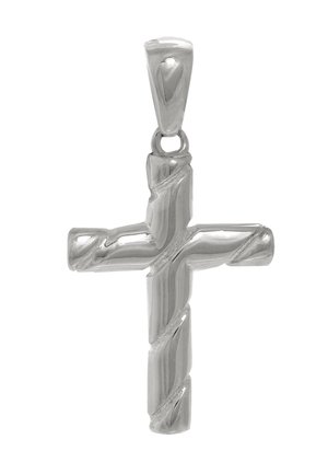 Silberner Kreuzanhänger mit verdrehtem Design, glatter Oberfläche, polierter Finisch und einer Schlaufe zur Befestigung am oberen Ende.
