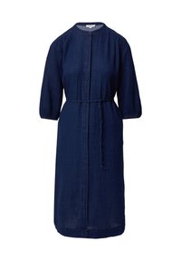 Abito blu navy, lungo fino al ginocchio, con chiusura a bottoni, maniche arricciate e una cintura da annodare in vita. Realizzato in tessuto testurizzato.