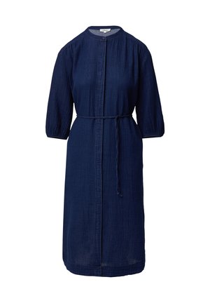 Marineblaues, knielanges Kleid mit einer Knopfleiste, gerafften Ärmeln und einem Bindegürtel in der Taille. Hergestellt aus strukturiertem Stoff.