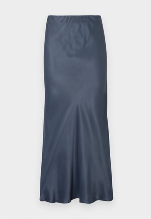 Satinklänning i midilängd i djup marinblå färg, med en mjuk textur, figurnära silhuett och lätt utsvängning vid fållen. Elastisk midjeband.