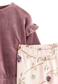 Pull en polaire dans un mauve atténué avec des manches à volants ; pantalon de pyjama assorti en rose avec un imprimé hibou et nichoir sur un tissu léger.