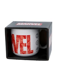 White ceramic mug featuring bold red "MARVEL" text and character illustrations. Packaged in a black box with Marvel branding and icons.