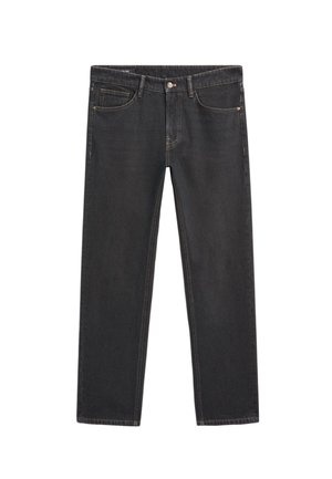 Schwarze Jeans aus Denim mit geradem Schnitt, ausgestattet mit fünf Taschen, dezenten Nähdetails und einem Metallknopfverschluss an der Taille.