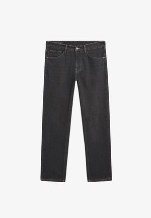 Schwarze Jeans aus Denim mit geradem Schnitt, ausgestattet mit fünf Taschen, dezenten Nähdetails und einem Metallknopfverschluss an der Taille.