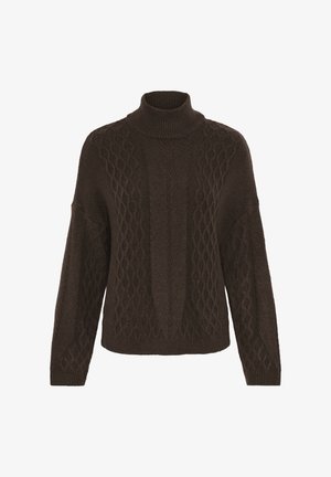 Ruskea neulepusero, jossa on korkea ribbikaulus, kaapelitekstiivi, ja löysät hihat, luoden rennon siluetin.