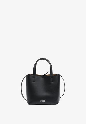 Black leather tote bag with dual handles and a removable shoulder strap. Features a textured finish and logo printed on the front.