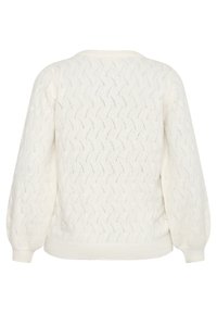Maglione bianco lavorato a maglia con un motivo testurizzato, dotato di maniche a sbuffo e scollo rotondo. Realizzato in materiale morbido e traspirante.