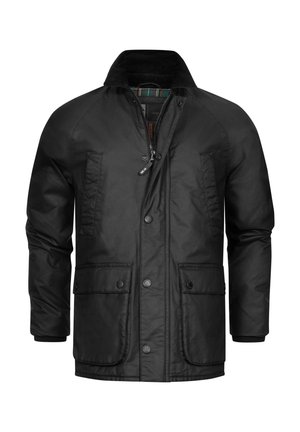 Giacca nera con chiusura a zip e bottone, maniche raglan, due tasche frontali e colletto in corduroy. Presenta una fodera interna con motivo.