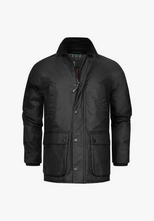 Fekete dzseki cipzárral és gombos záródással, raglán ujjakkal, két elülső zsebbel és kordbársony gallérral. Mintás bélés jellemzi.