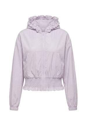 Hellviolette Kapuzenjacke mit Frontreißverschluss, gerafftem Taillenbund, elastischen Bündchen und Rüschen am Kapuzen- und Saumrand.