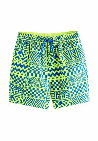 Shorts de bain verts fluo dotés de motifs géométriques bleus, d'une taille élastique avec cordon de serrage, et d'une texture légère et lisse.