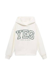 Bela kapuca s velikim grafičnim napisom "DA" v zeleni barvi, ki vključuje cvetlične detajle. Mehka tkanina, dolgi rokavi in ohlapen kroj.