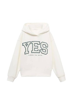 Weißer Hoodie mit großem "JA"-Grafik in Grün, der florale Details aufweist. Weicher Stoff, lange Ärmel und ein lässiges Design.
