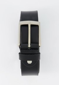 Black leather belt featuring a silver metal buckle, flat design, smooth texture, and a small round accent near the buckle attachment.