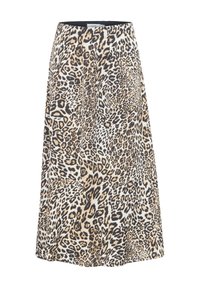 Jupe midi en imprimé léopard avec une taille noire, présentant un design fluide et un tissu texturé. Les imprimés comprennent des nuances variées de beige et de noir.