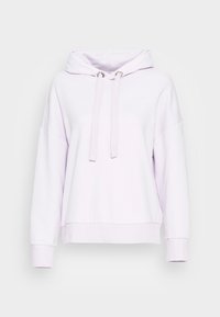 Sudadera con capucha de color púrpura claro, con un ajuste relajado, cordones y puños acanalados. Está hecha de tela suave, con un diseño sencillo y sin estampados.