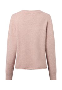 Rosa Pullover mit langen Ärmeln, Rundhalsausschnitt und einer sanften Textur. Der Rücken ist schlicht ohne Verzierungen und hat eine leicht verkürzte Länge.