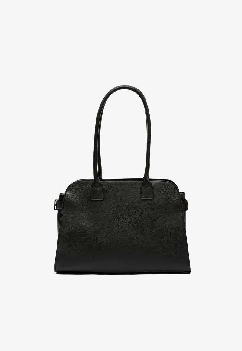 Crna kožna torba s glatkom teksturom, zaobljenim rubovima, s dva duga ručka i strukturiranom siluetom. Ima minimalistički dizajn.
